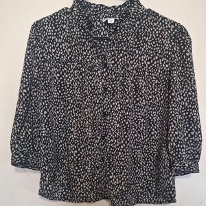 Elegant Black and Cream Abstract Dot Button Up Blouse Button Elbow Sleeve Light